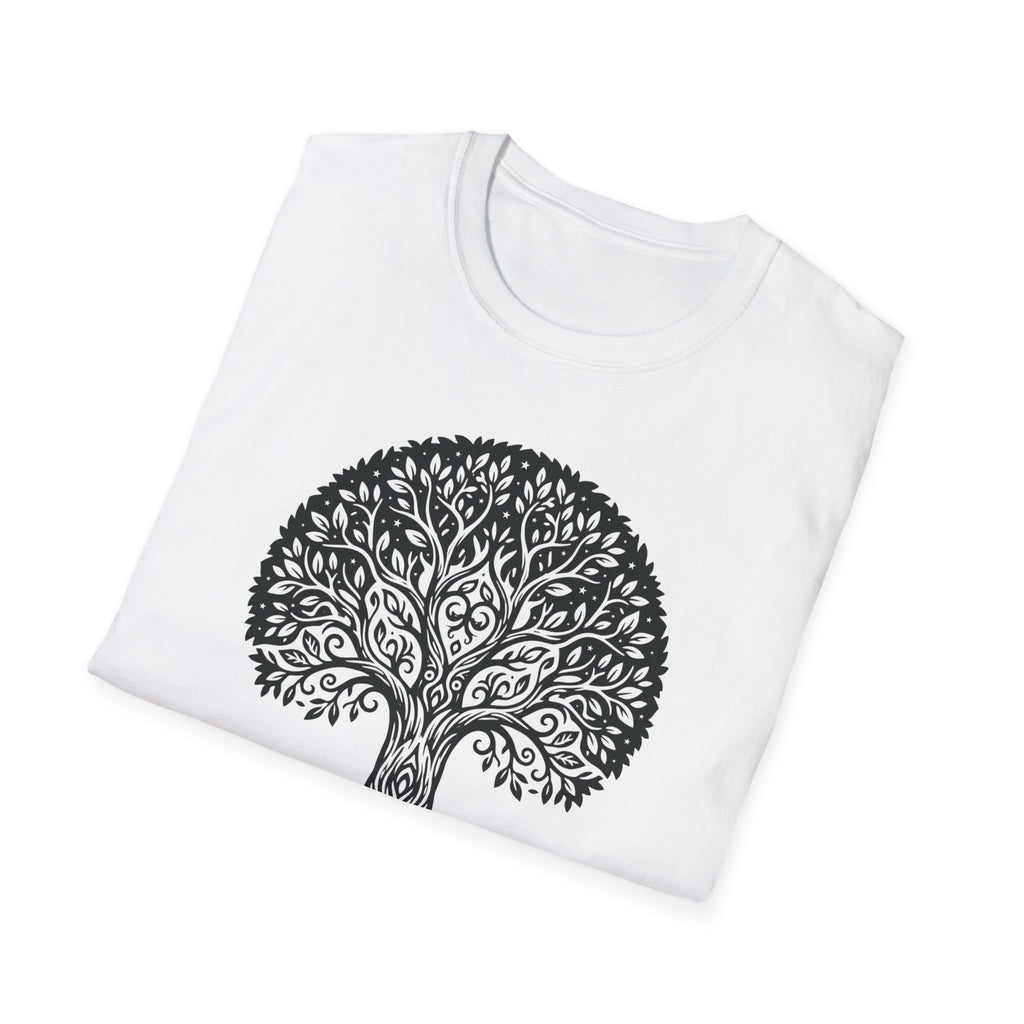 White T-shirt featuring a large black ornamental tree of life botanical graphic