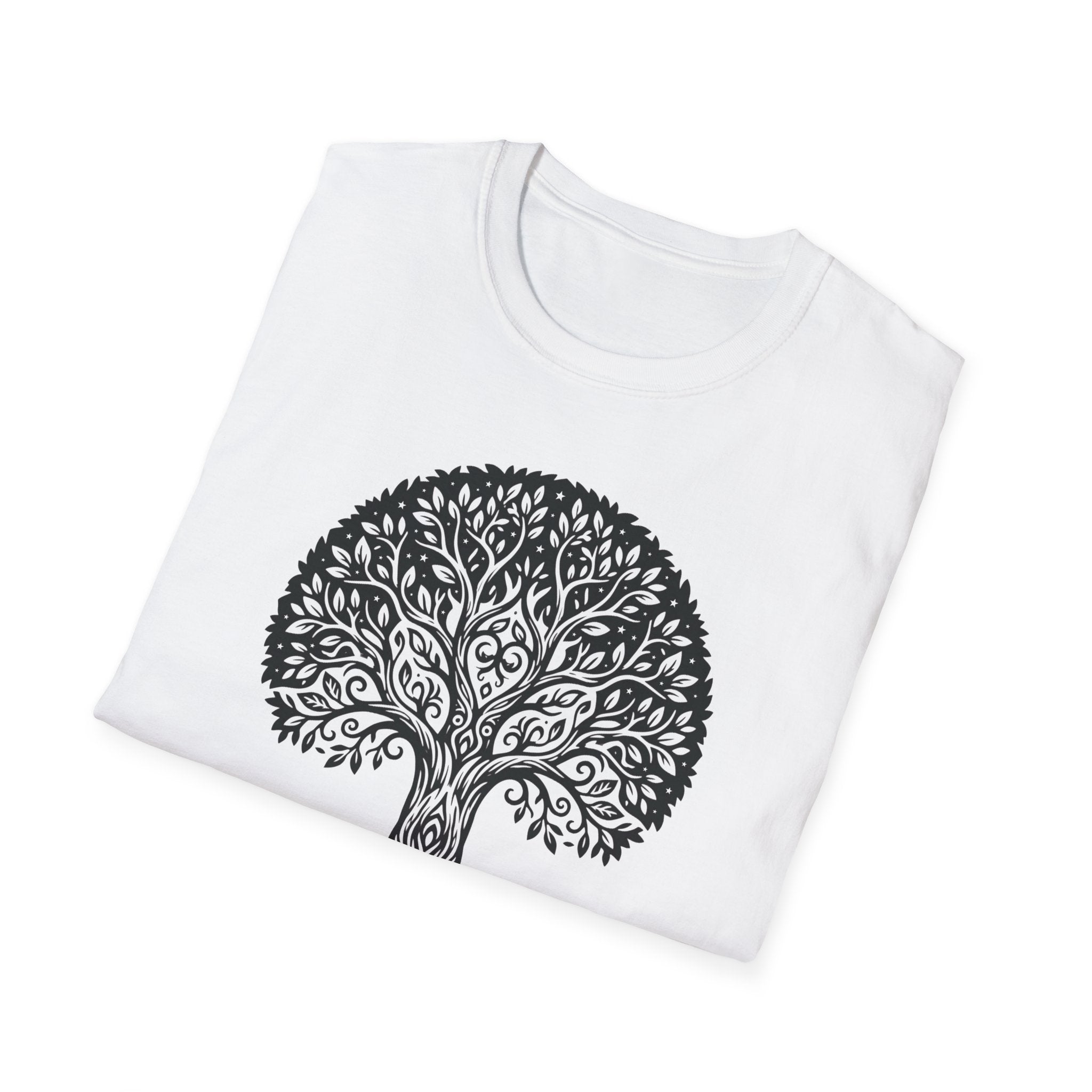 White T-shirt featuring a large black ornamental tree of life botanical graphic