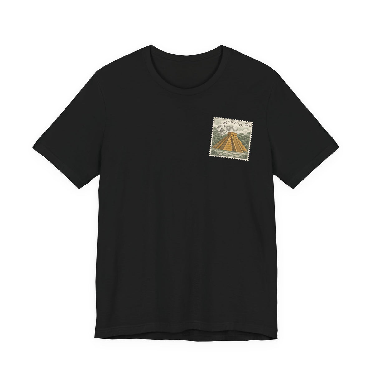 Black t-shirt with small vintage-style Mexico stamp graphic at upper chest