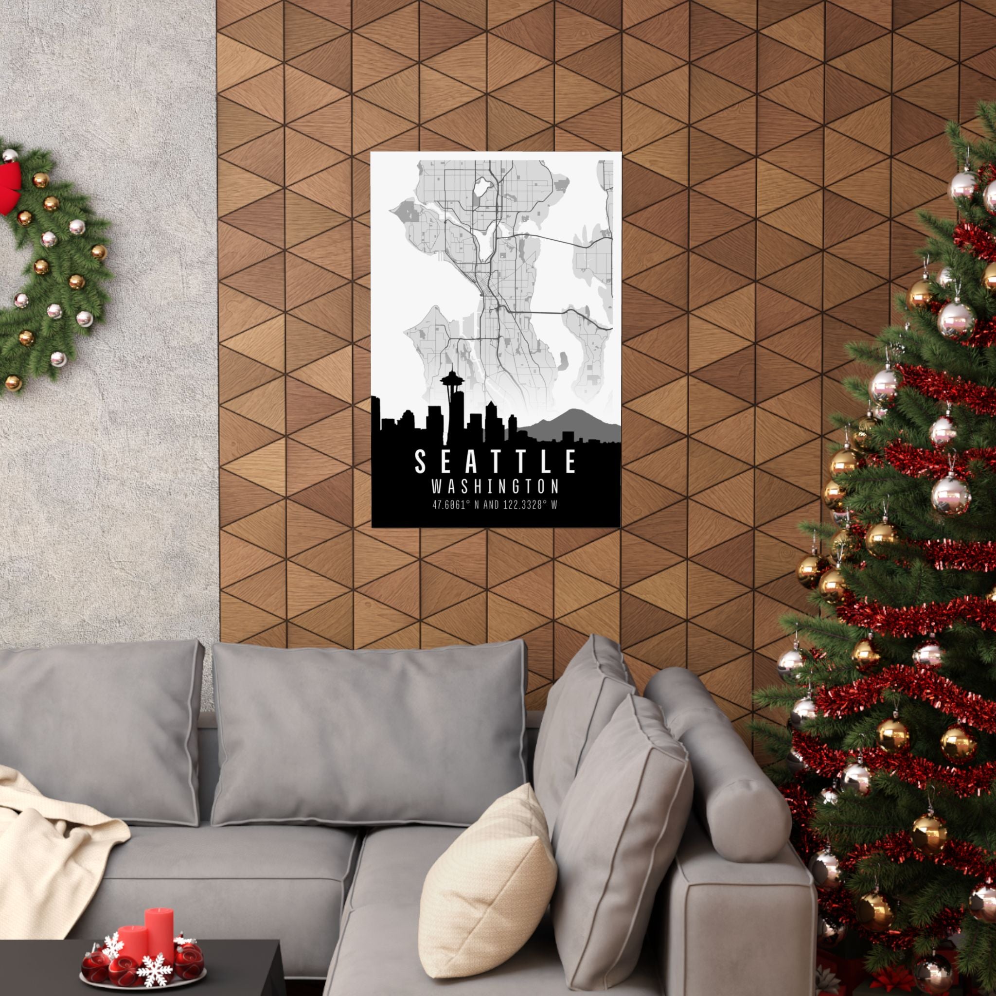 Seattle skyline map poster on wall, matte vertical print with city skyline and coordinates