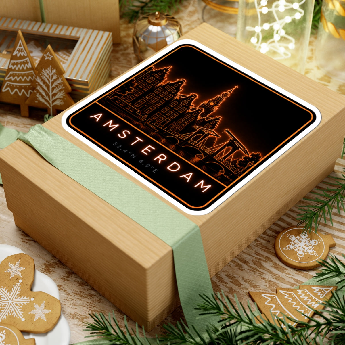 Neon orange Amsterdam cityscape sticker on wooden gift box, rounded white border