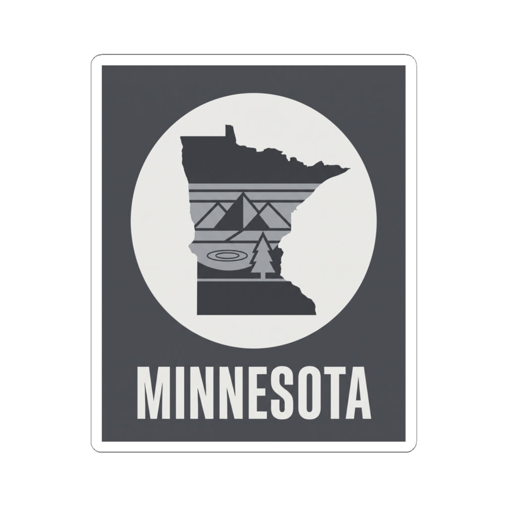 Minnesota state silhouette kiss-cut sticker with circular graphic and “MINNESOTA” text