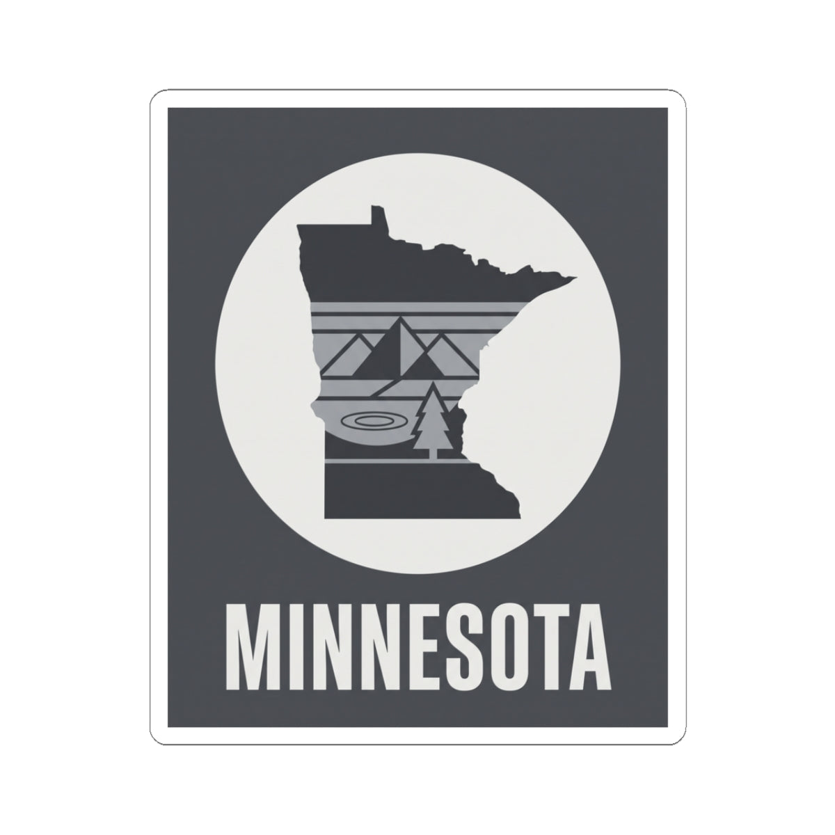 Minnesota state silhouette kiss-cut sticker with circular graphic and “MINNESOTA” text