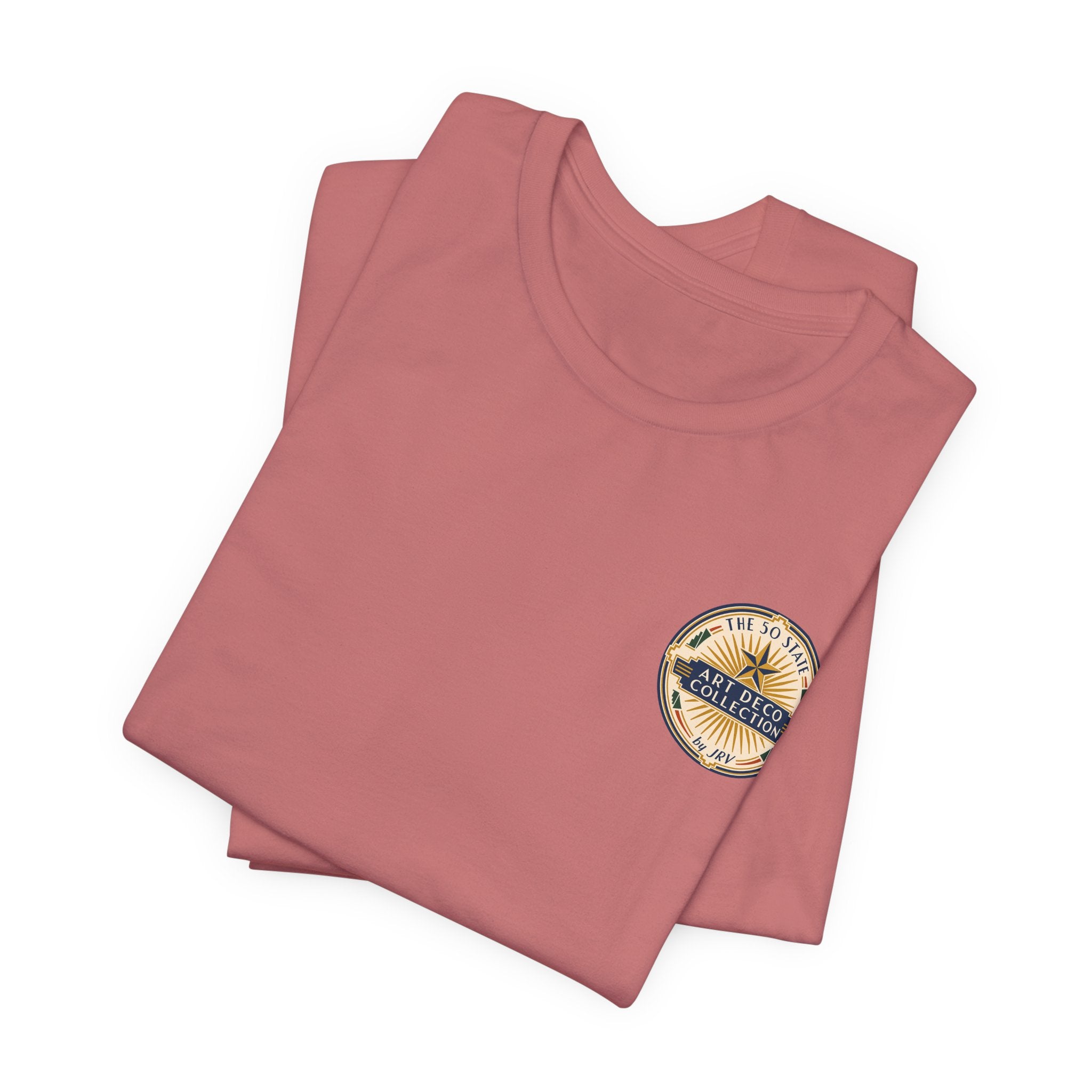 Dusty rose T-shirt with small circular oil derrick logo on left chest