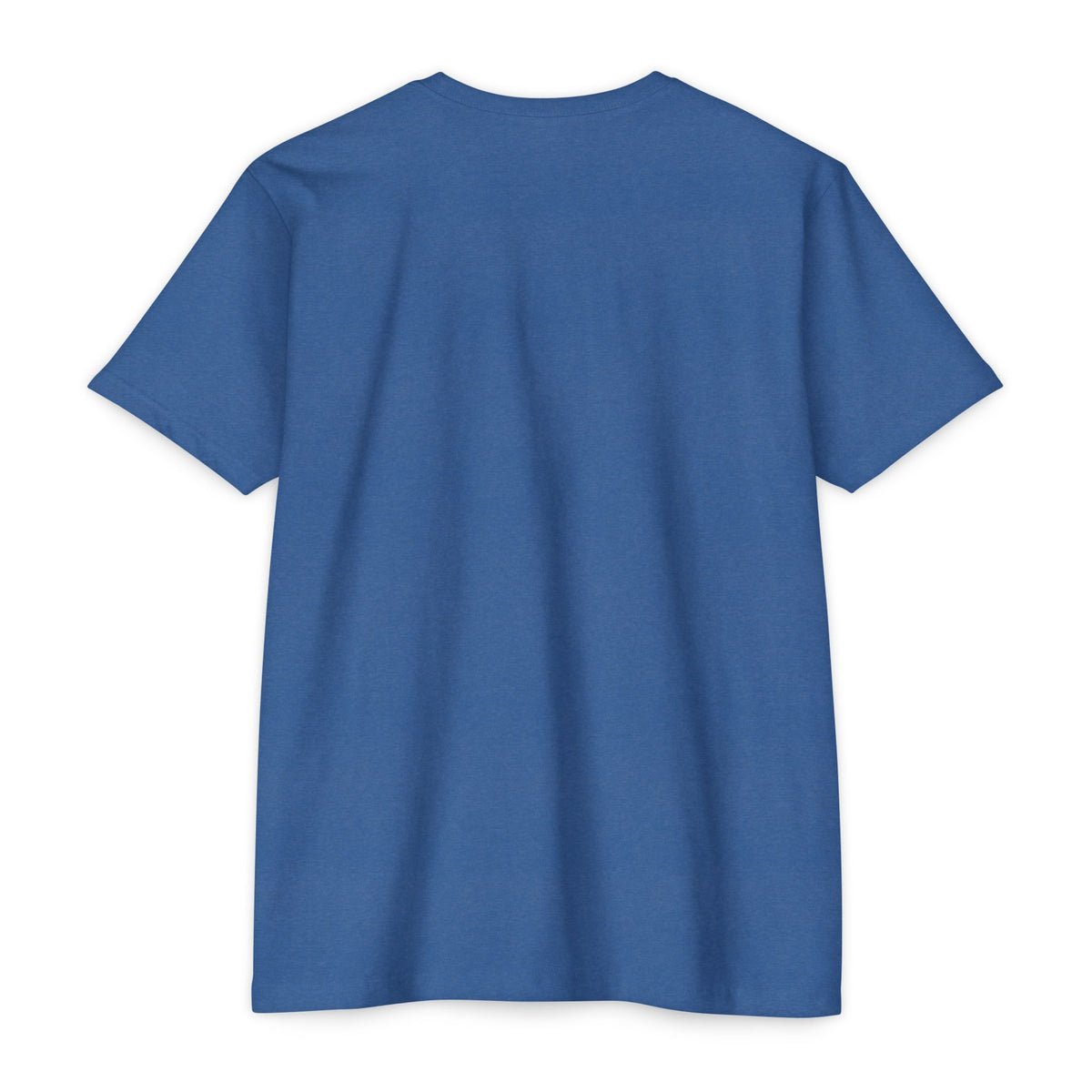 Blue short-sleeve T-shirt, crew neck, back view.