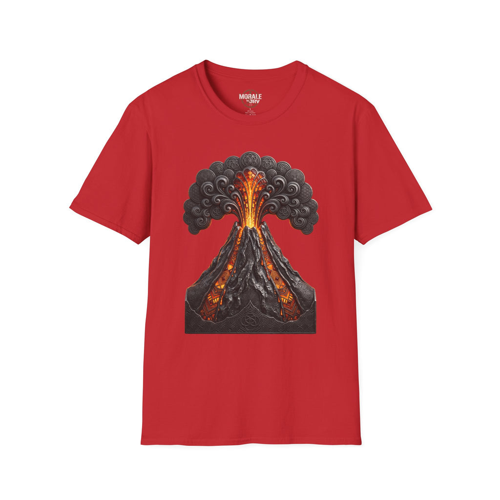 Red T-shirt with erupting volcano print, orange lava and dark swirling smoke clouds