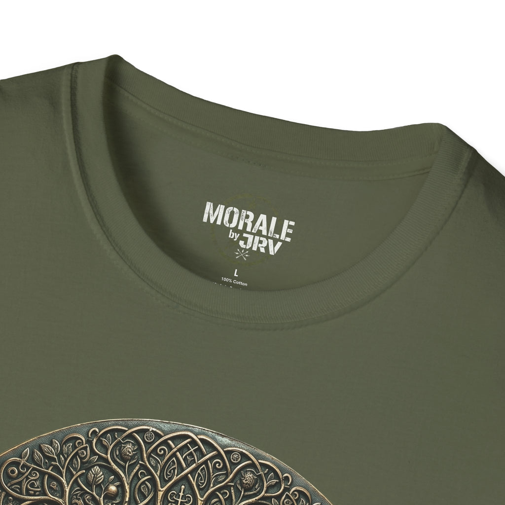 Military Green T-shirt neckline with small circular logo