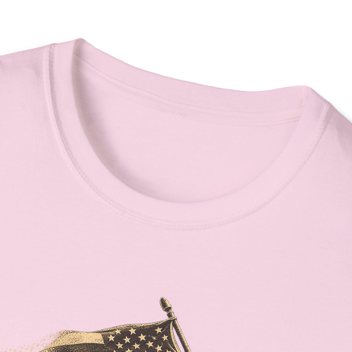 Close-up light pink T-shirt neckline with partial patriotic soldier flag graphic