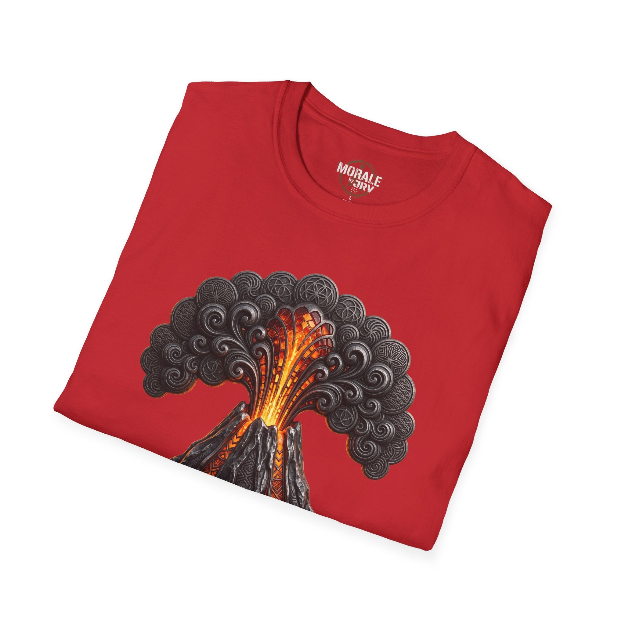 Rotes T‑Shirt mit Vulkan-Ausbruch-Grafik aus Lava und Rauch auf der Brust