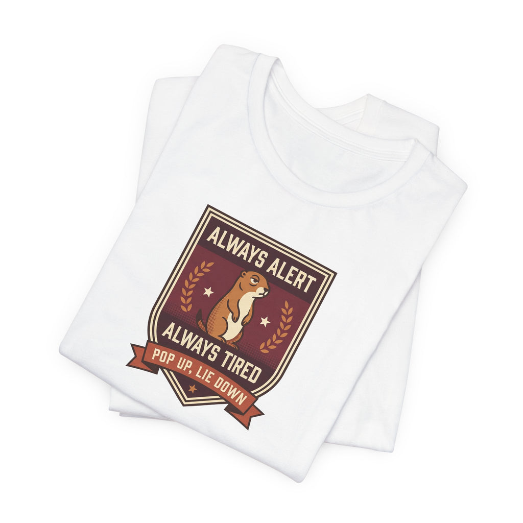 White crewneck T-shirt with squirrel crest badge graphic on chest, folded