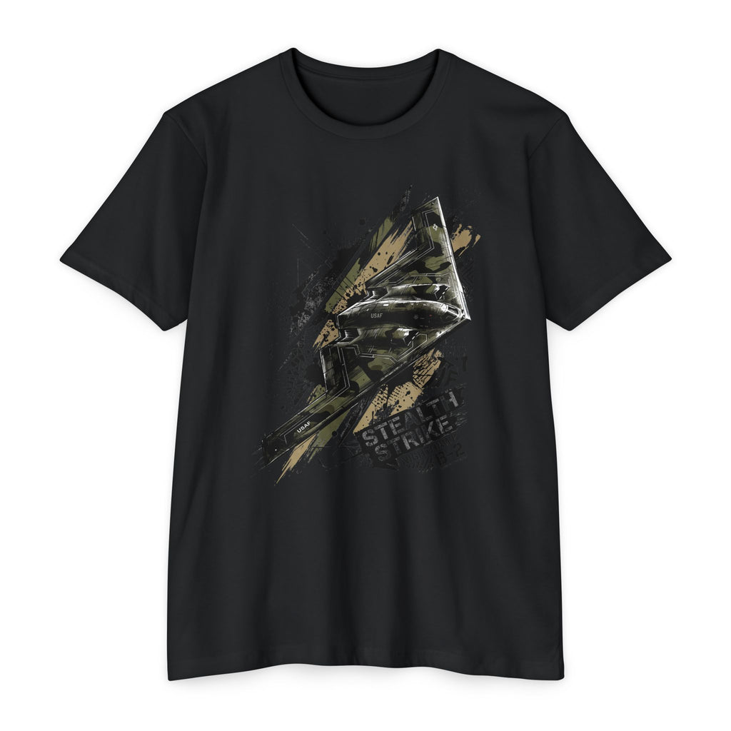 Black bomber T-shirt with B-2 aircraft graphic on front