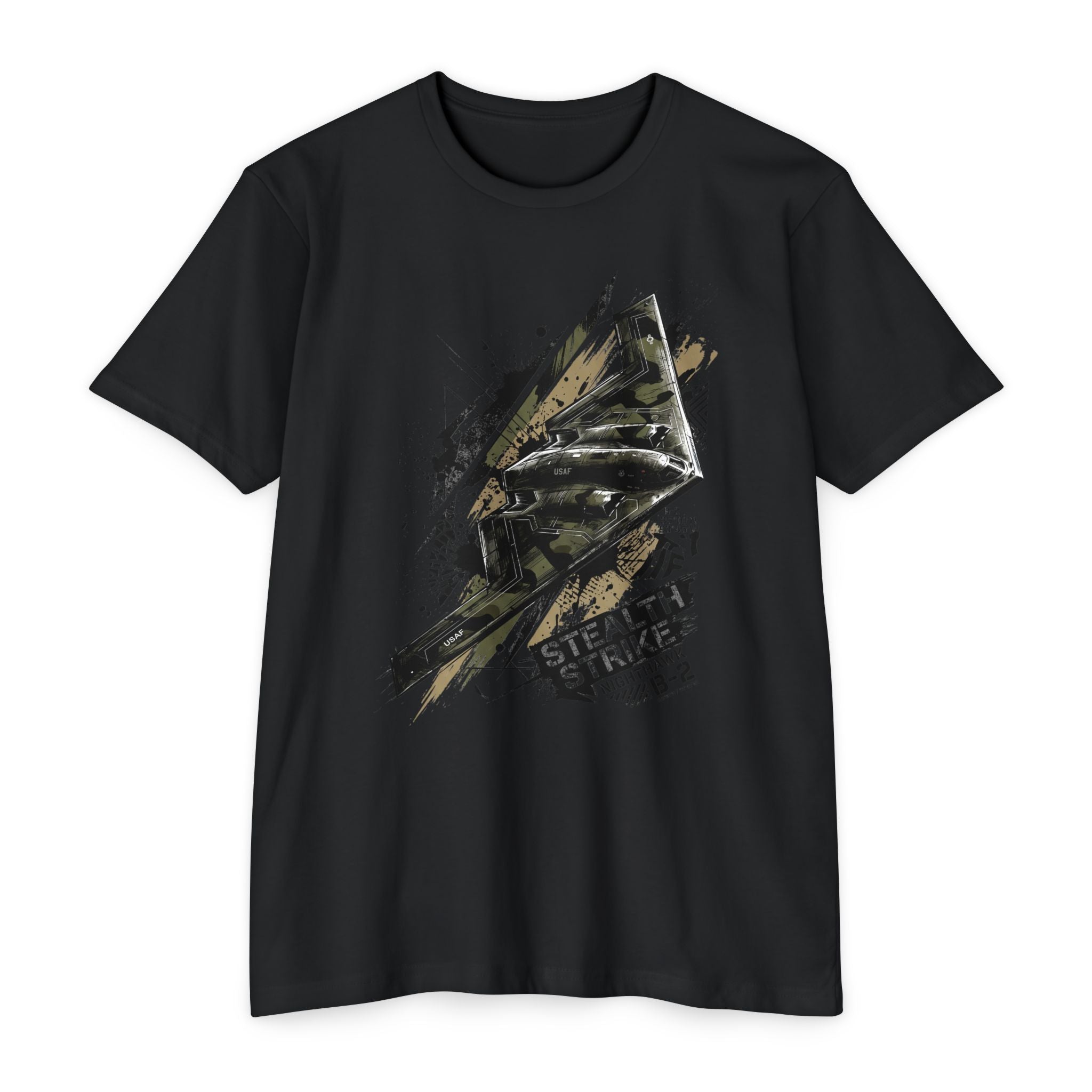 Black bomber T-shirt with B-2 aircraft graphic on front