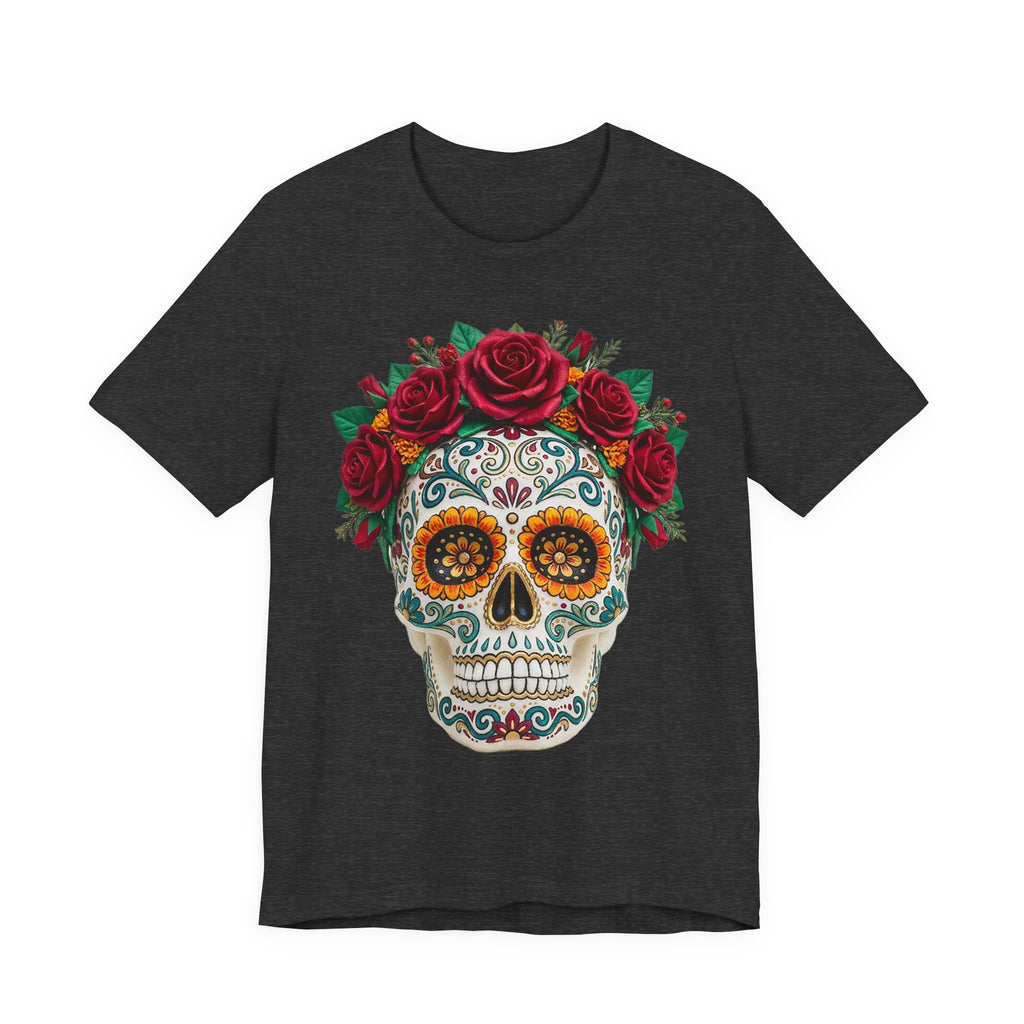 Dark grey heather T-shirt with sugar skull and red rose crown graphic