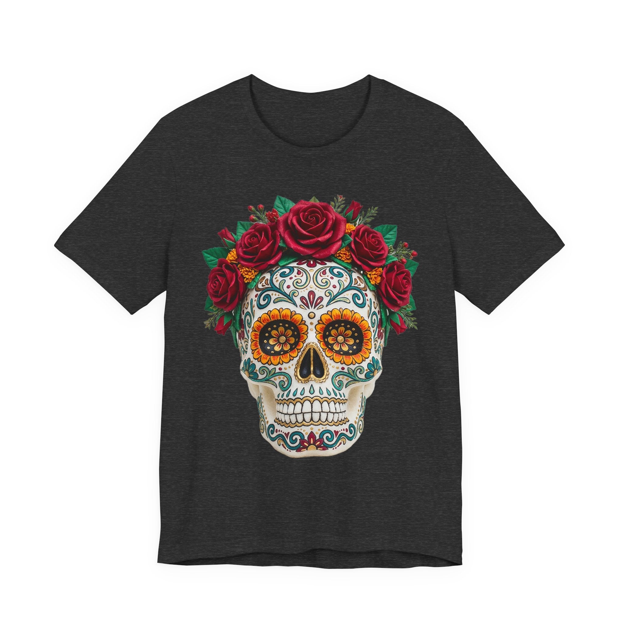 Dark grey heather T-shirt with sugar skull and red rose crown graphic