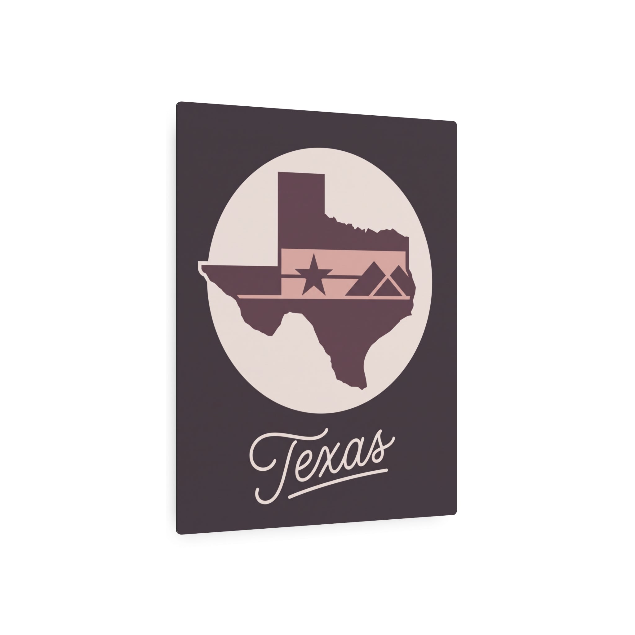 Square mauve metal wall art with Texas silhouette and star in a circle, plus “Texas” script