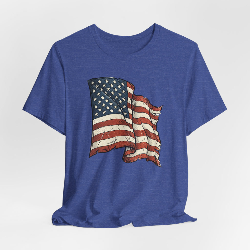 Royal blue crew-neck T-shirt with distressed waving American flag graphic