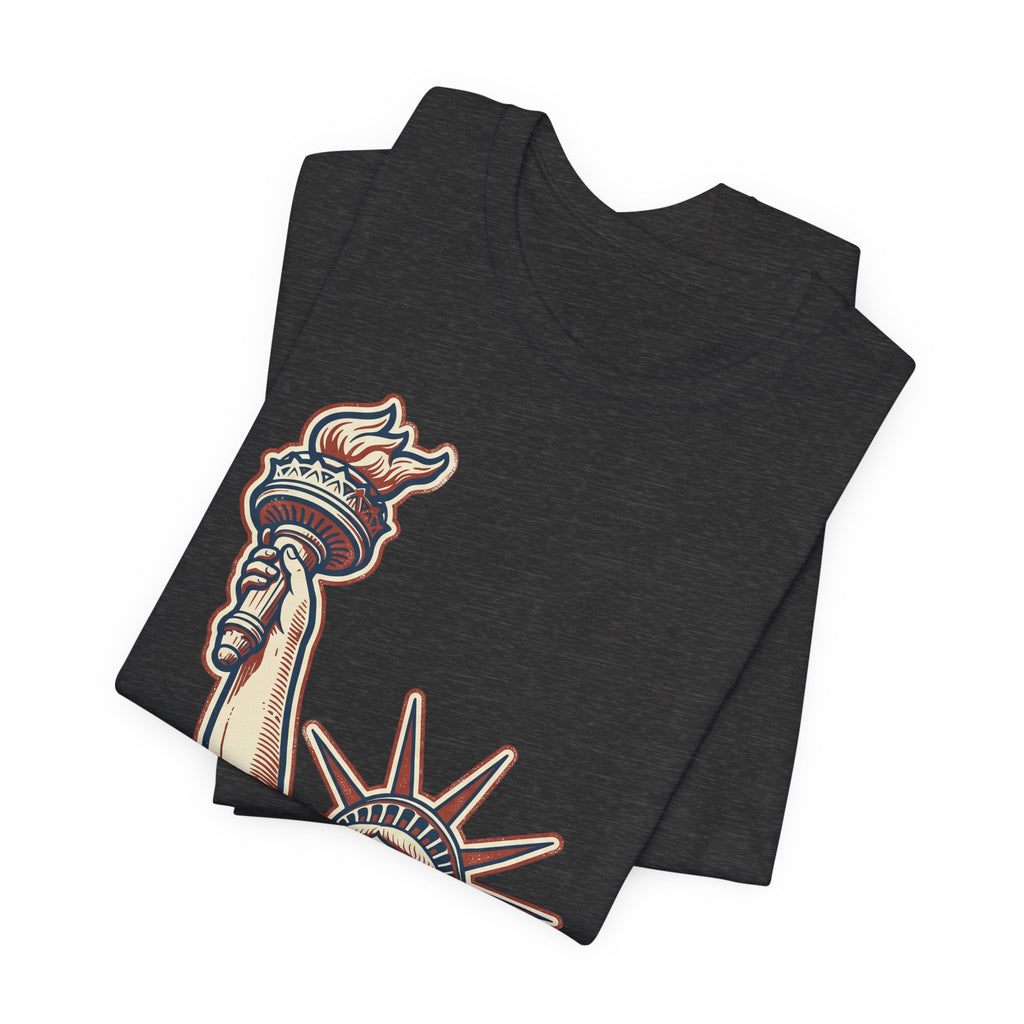 Dark grey crewneck graphic tee with Statue of Liberty style illustration on front.