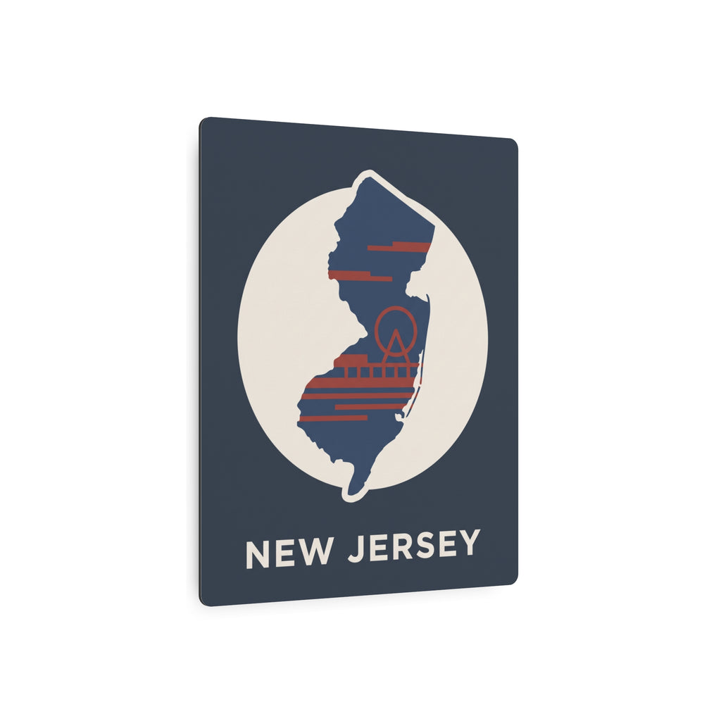 Metal New Jersey sign, white circle around state silhouette with red-blue stripes and “NEW JERSEY”