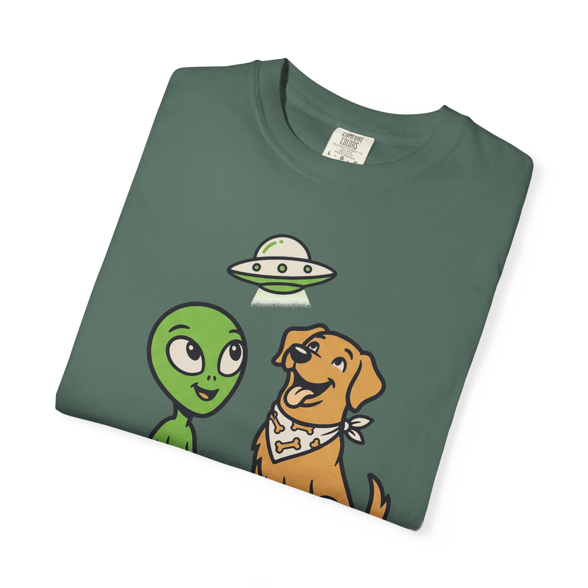 Green T-shirt with alien and dog faces print