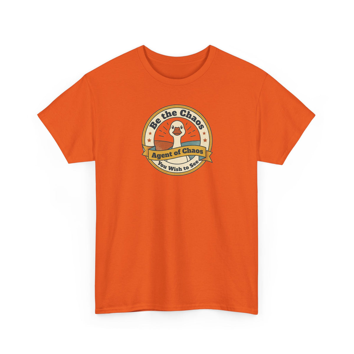 Orange crew-neck T-shirt with circular retro badge graphic on the chest