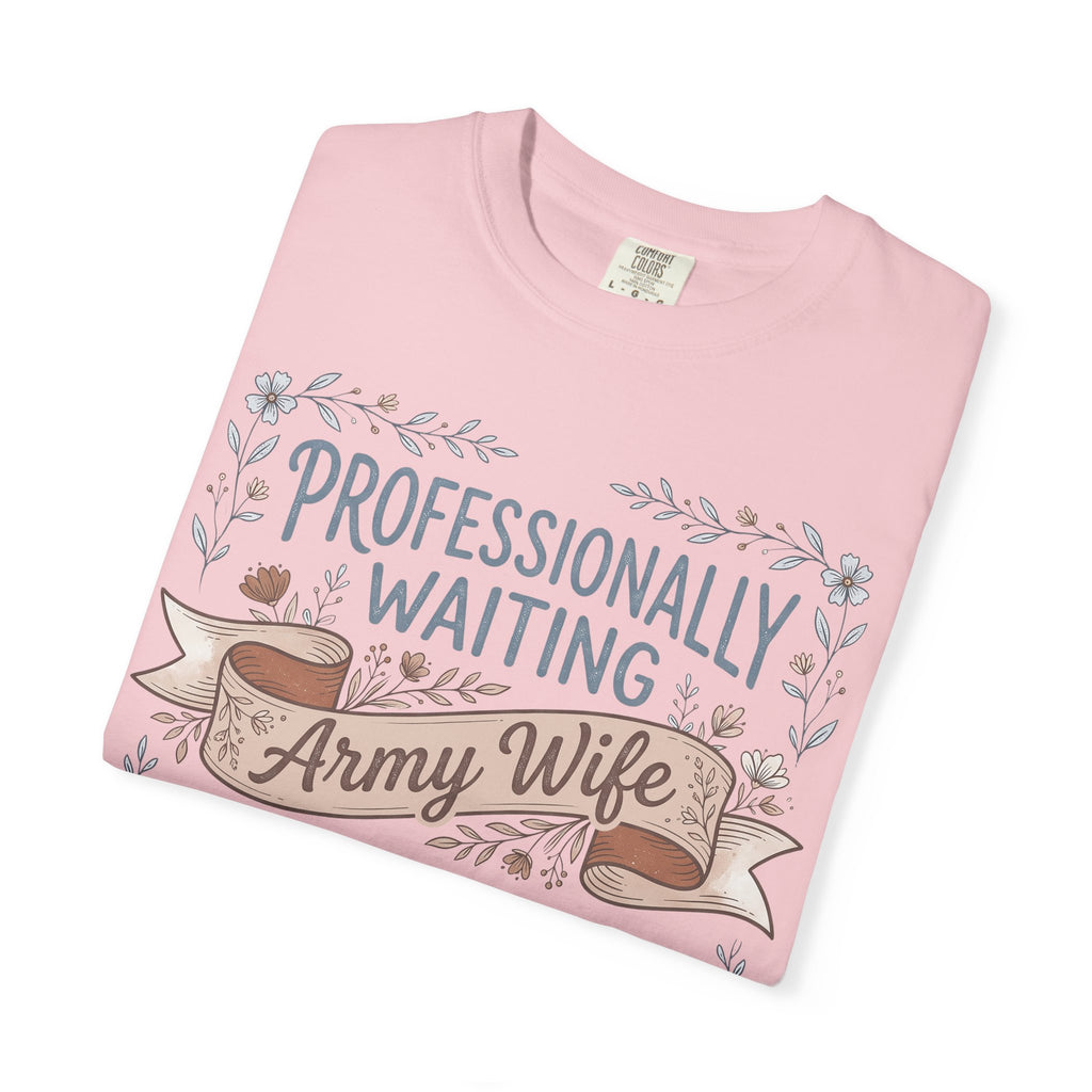 Light pink crewneck T-shirt with floral ribbon graphic and 'Army Wife' text.