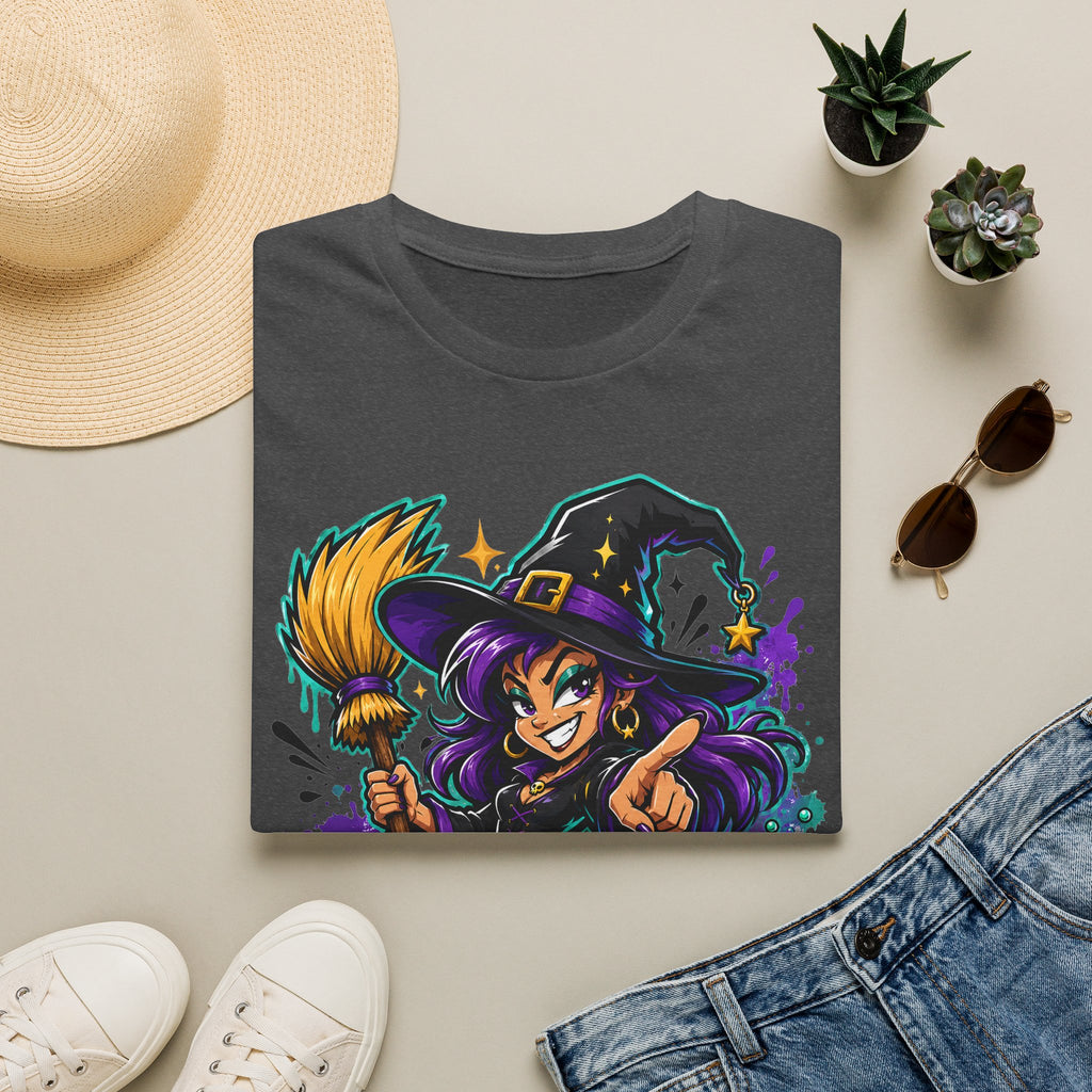 Charcoal gray T-shirt with colorful witch graphic holding a broom, Halloween candy theme