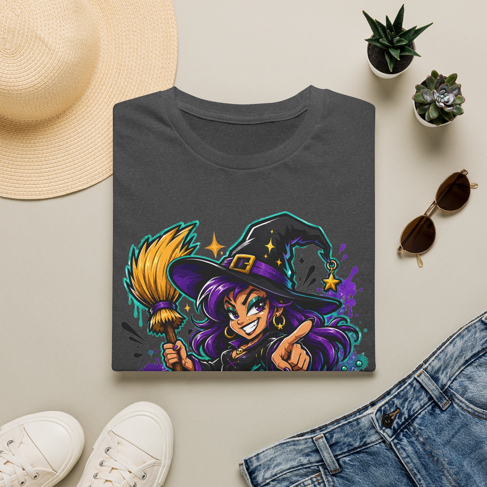 Charcoal gray T-shirt with colorful witch graphic holding a broom, Halloween candy theme