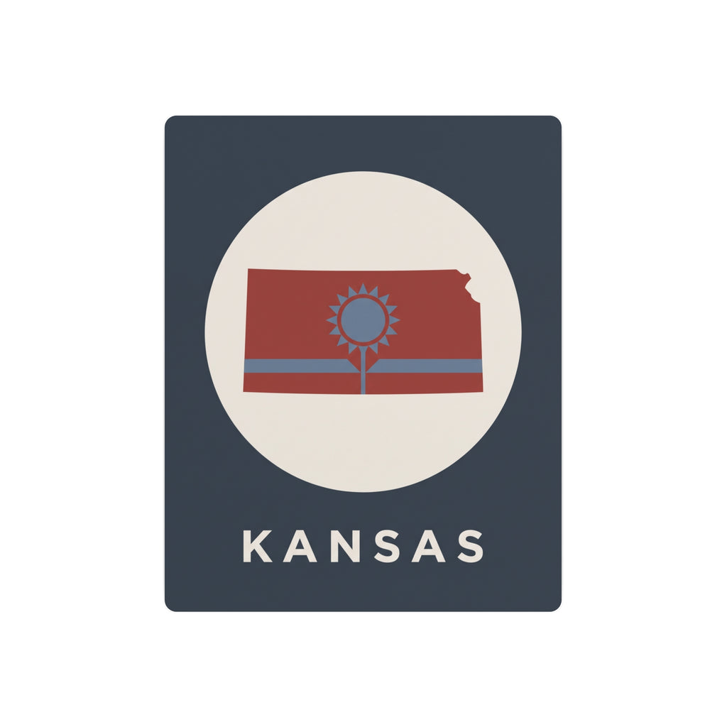 Kansas metal wall sign with circular flag graphic, tree icon, and KANSAS text