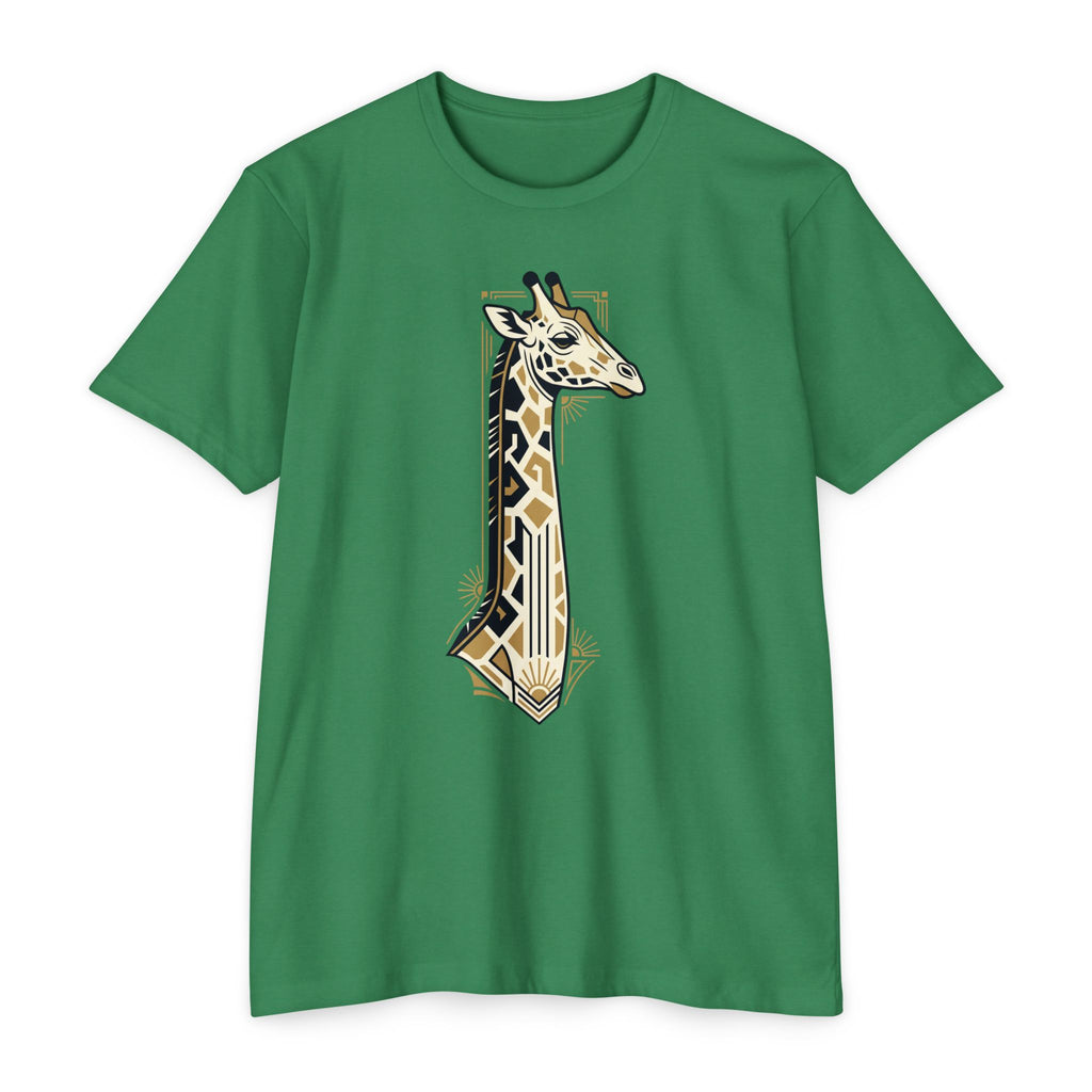 Green giraffe graphic T-shirt with Art Deco geometric badge print
