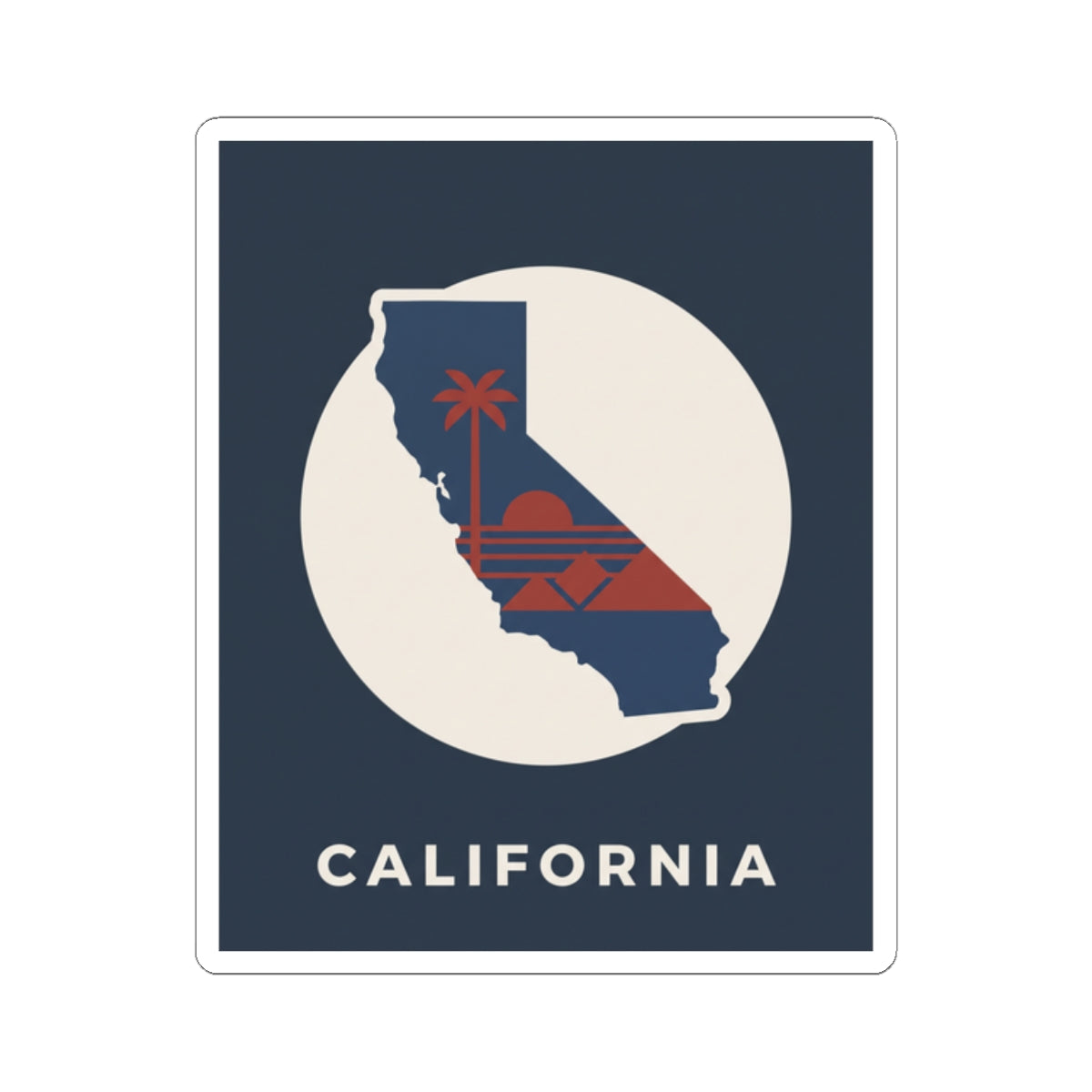 California silhouette sticker with navy square, white circle, red patterned horizon, "CALIFORNIA"