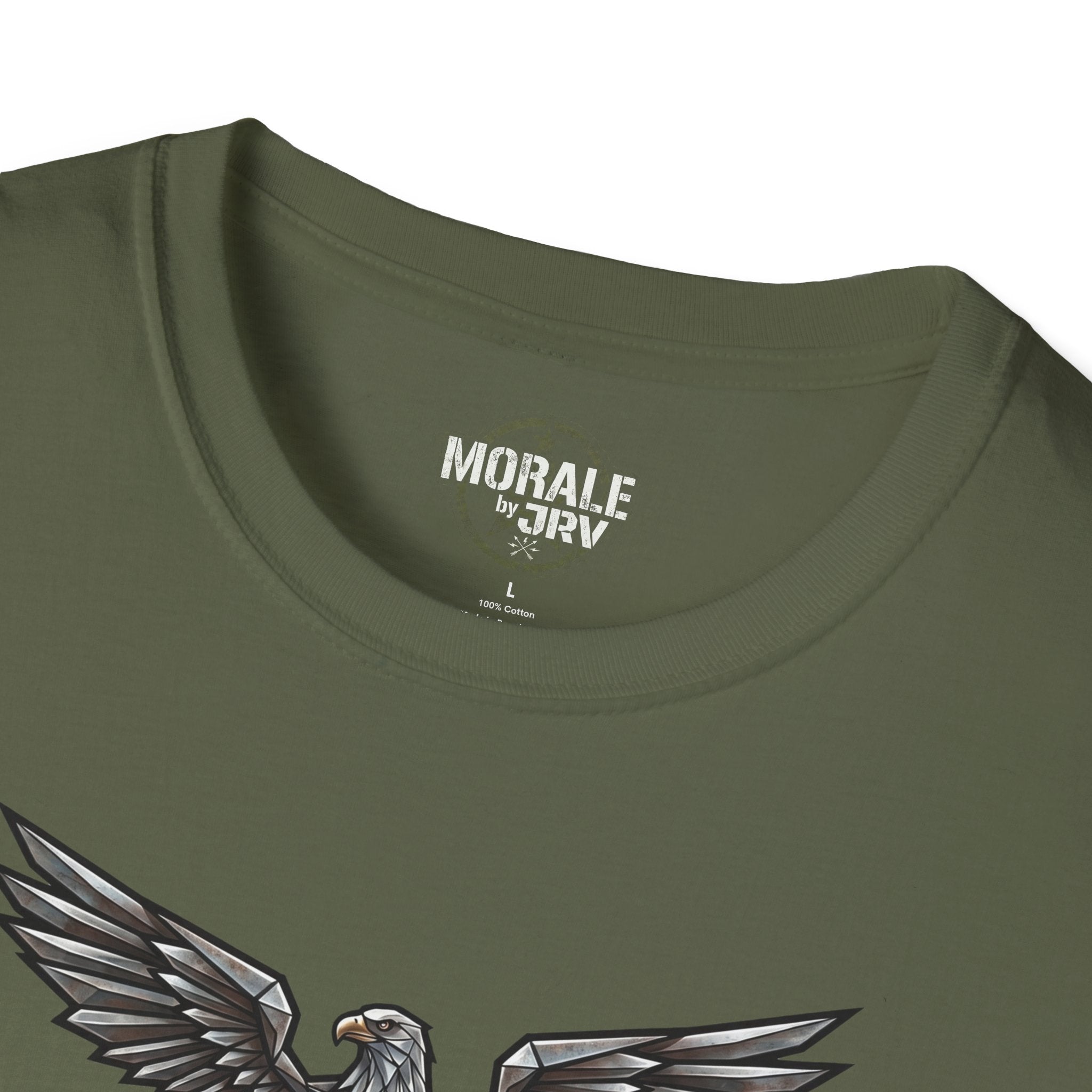 Military green crew-neck T-shirt with chest logo label and partial eagle wing print