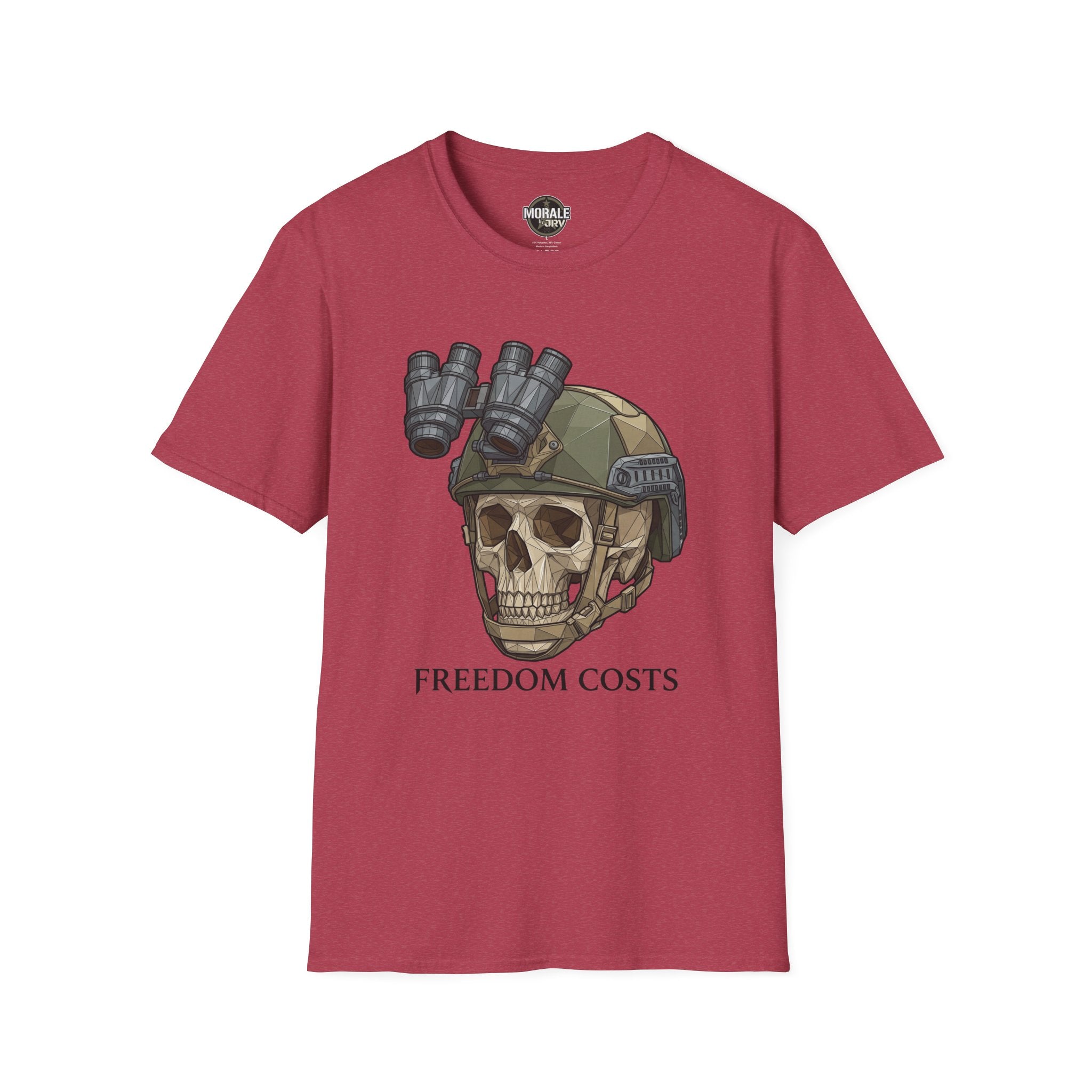 Heather Cardinal tactical skull NVG graphic T-shirt with “FREEDOM COSTS” text