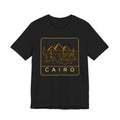 Black T-shirt with Cairo skyline and pyramids graphic in gold