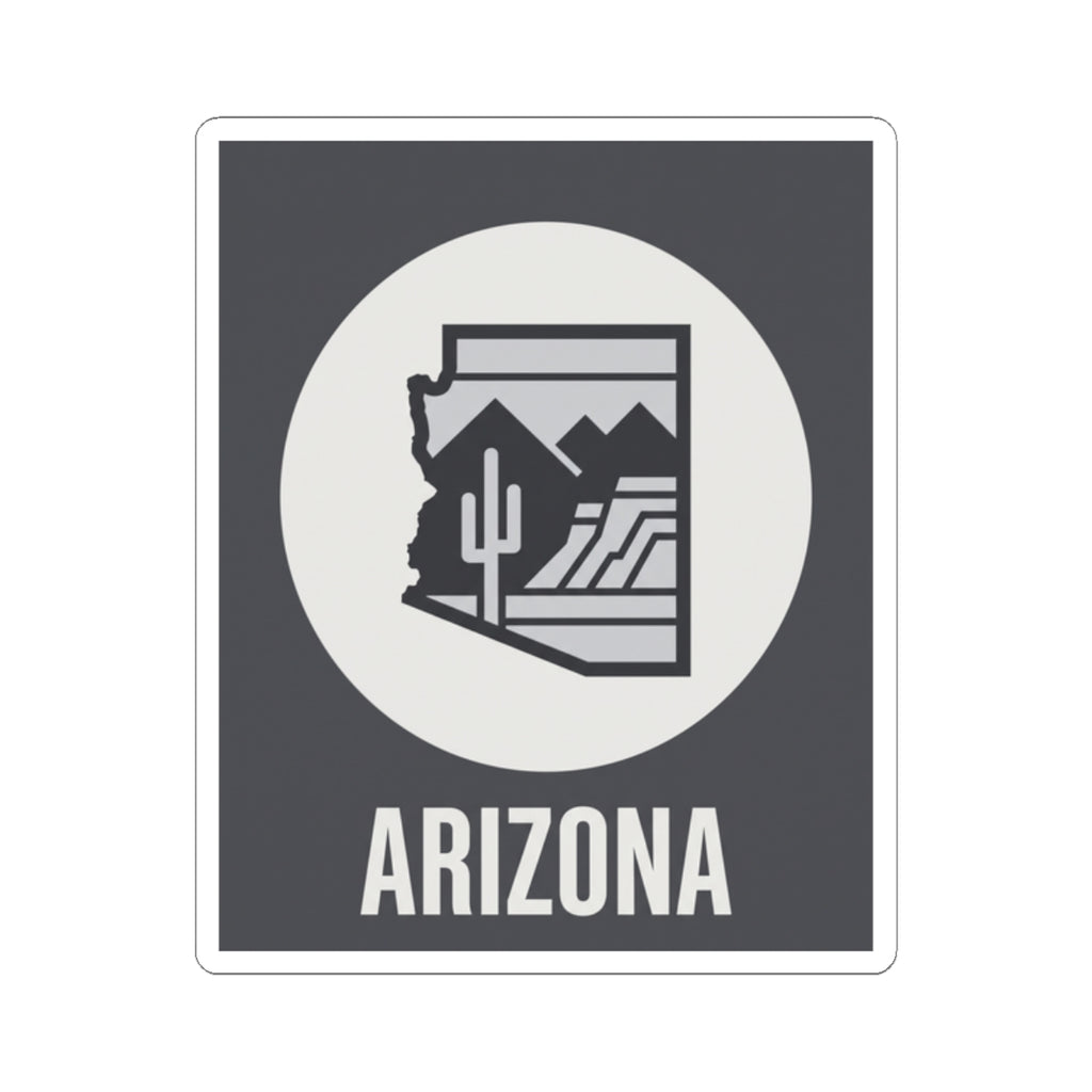 Kiss-cut style Arizona badge sticker with white circle desert icon and ARIZONA text