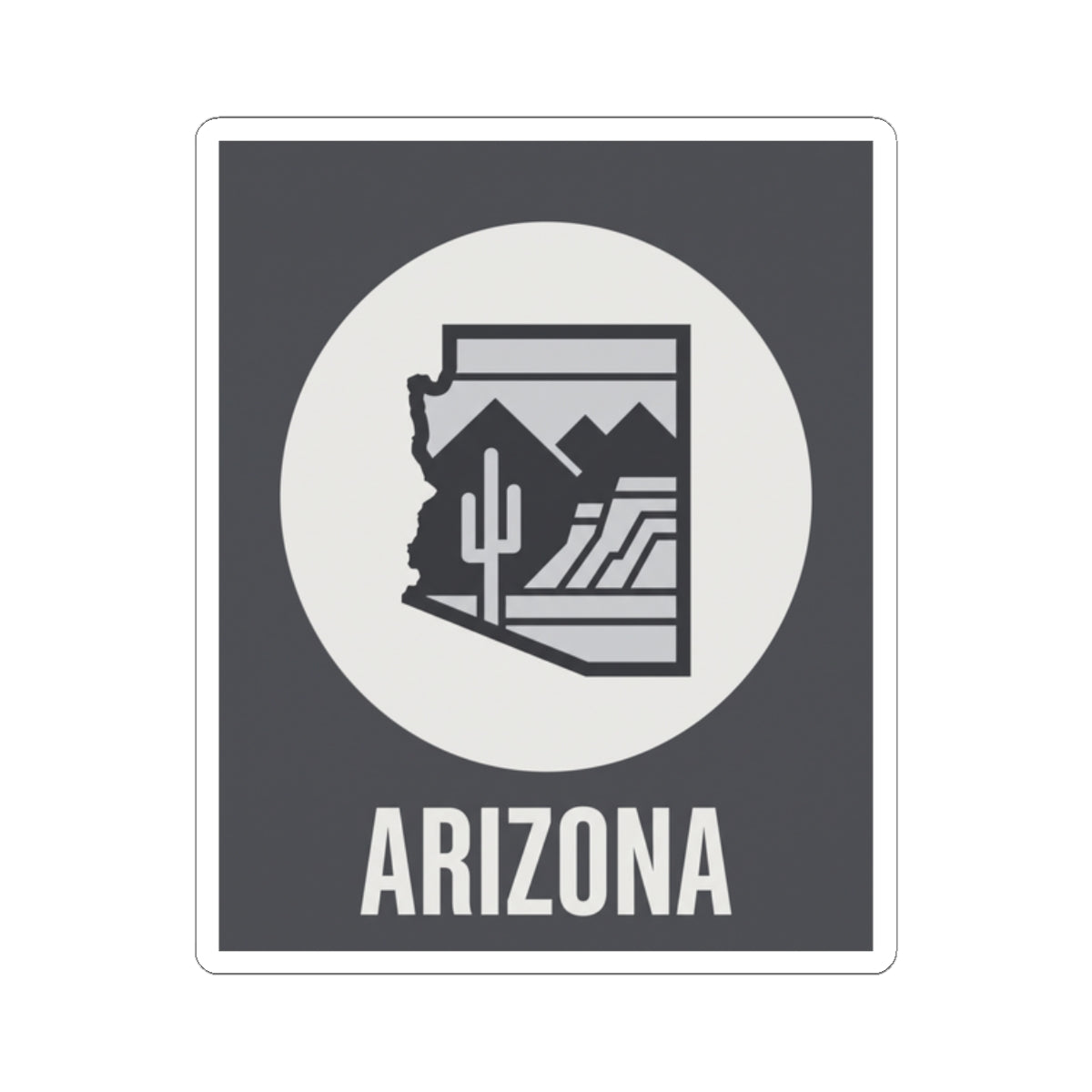 Kiss-cut style Arizona badge sticker with white circle desert icon and ARIZONA text
