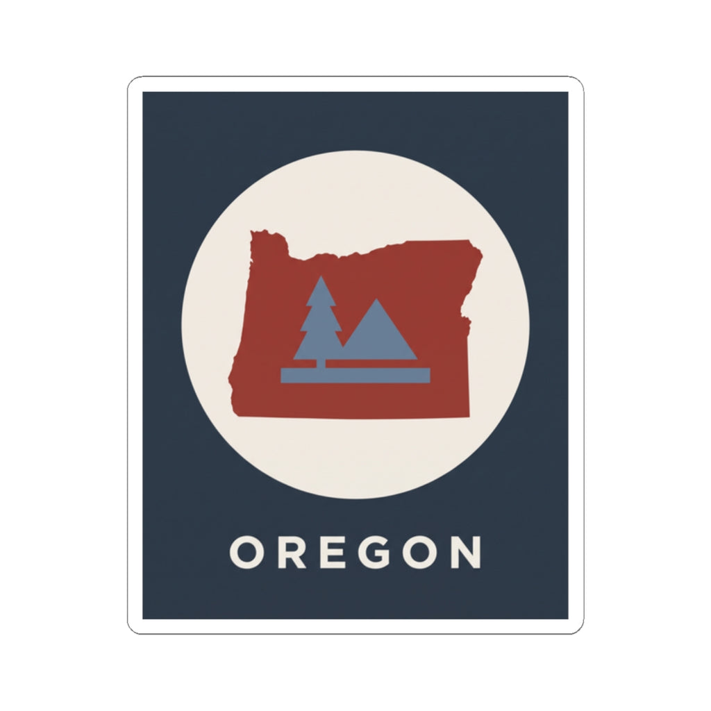 Square Oregon sticker with red outline state, pine tree graphic, mountain base; word OREGON.