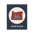 Square Oregon sticker with red outline state, pine tree graphic, mountain base; word OREGON.