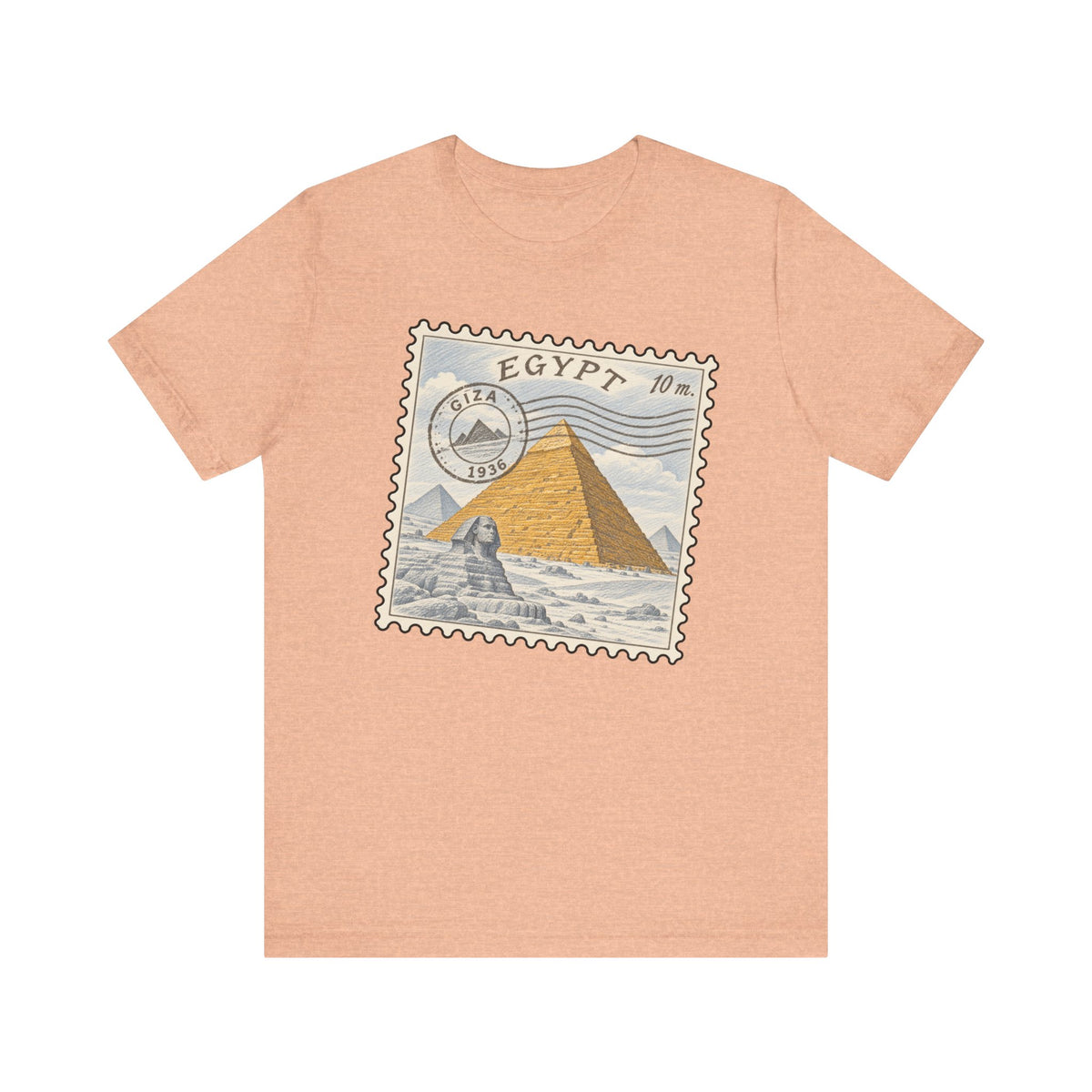 Peach heather T-shirt with Egypt stamp graphic featuring pyramids on front.