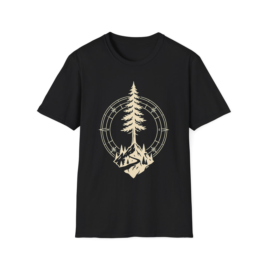 Black T-shirt with pine tree compass graphic in light yellow-gold, crew neck