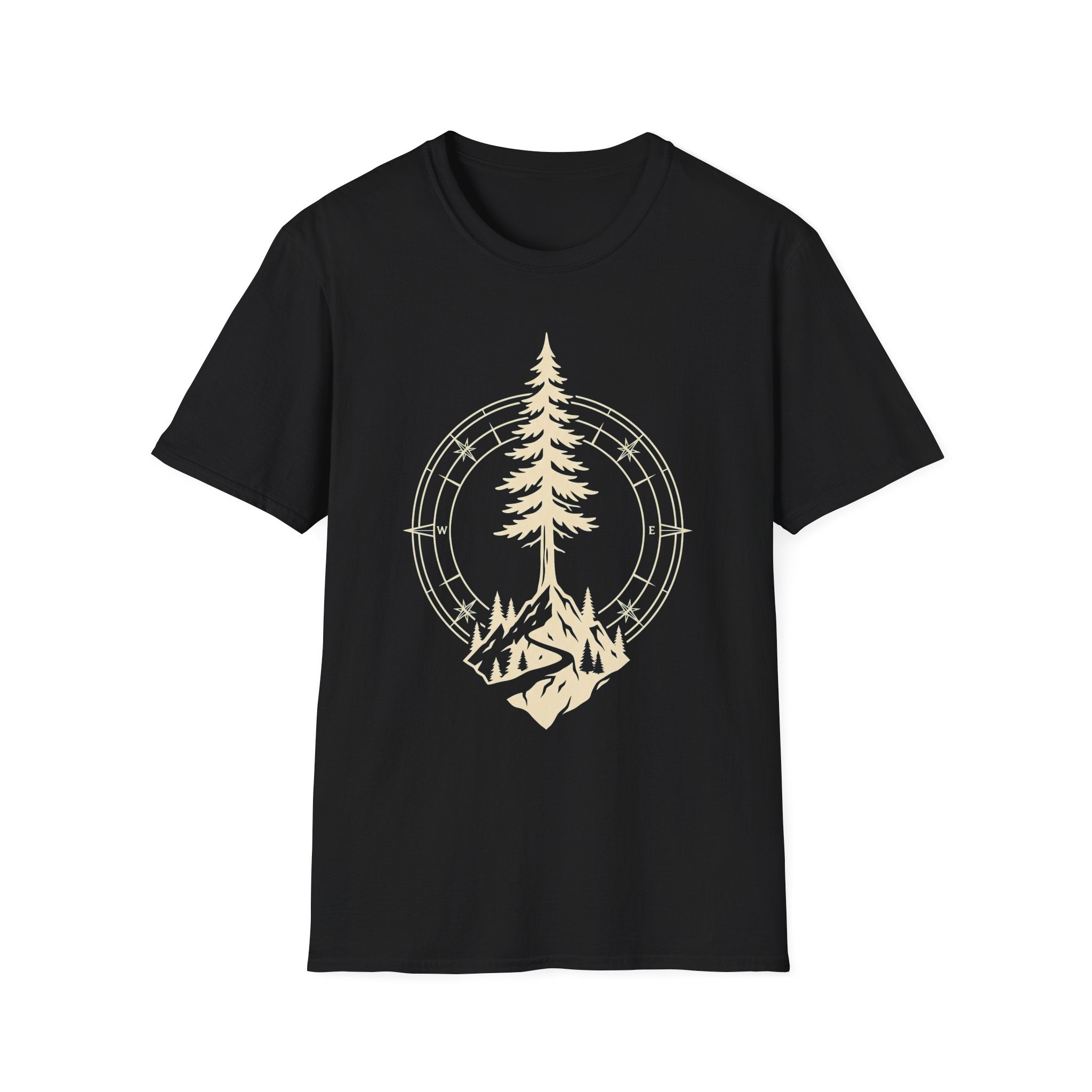 Black T-shirt with pine tree compass graphic in light yellow-gold, crew neck