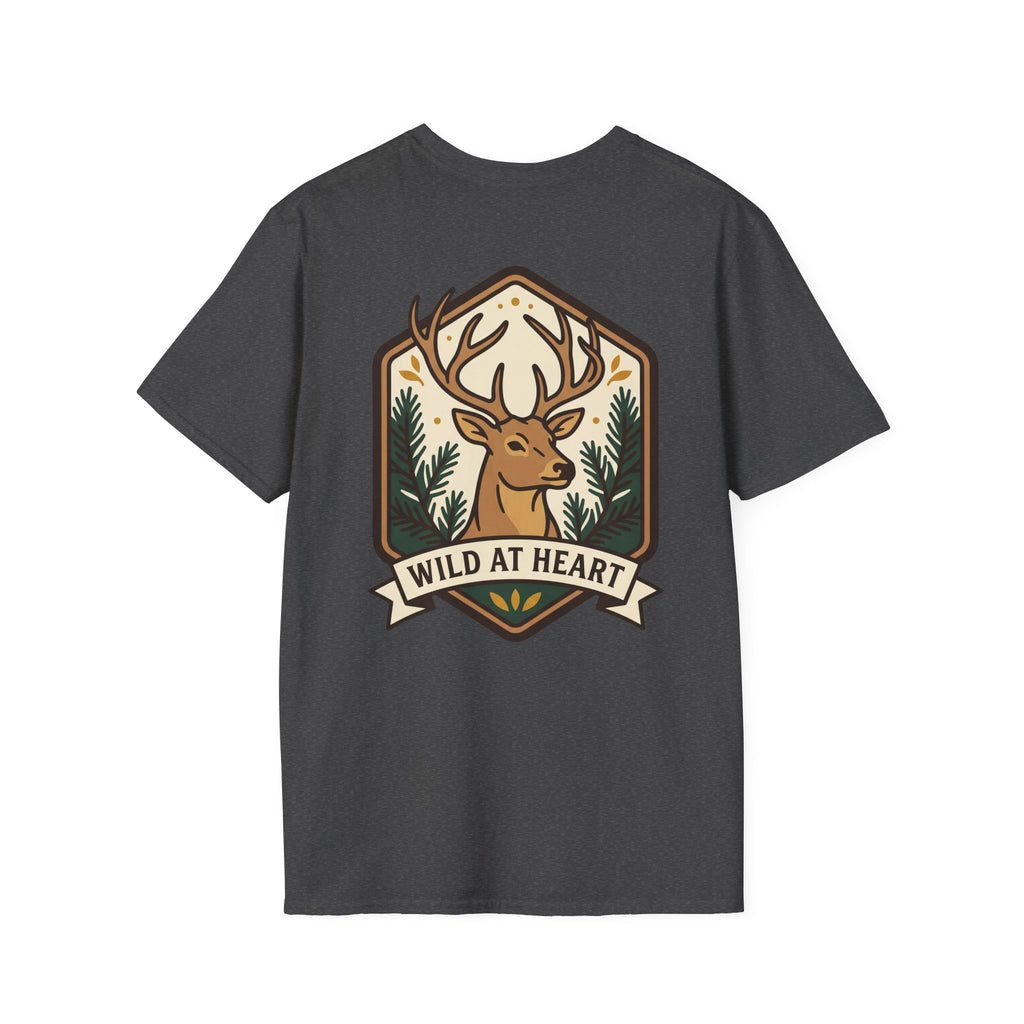 Dark gray deer graphic T-shirt with badge stag antlers and Wild at Heart text