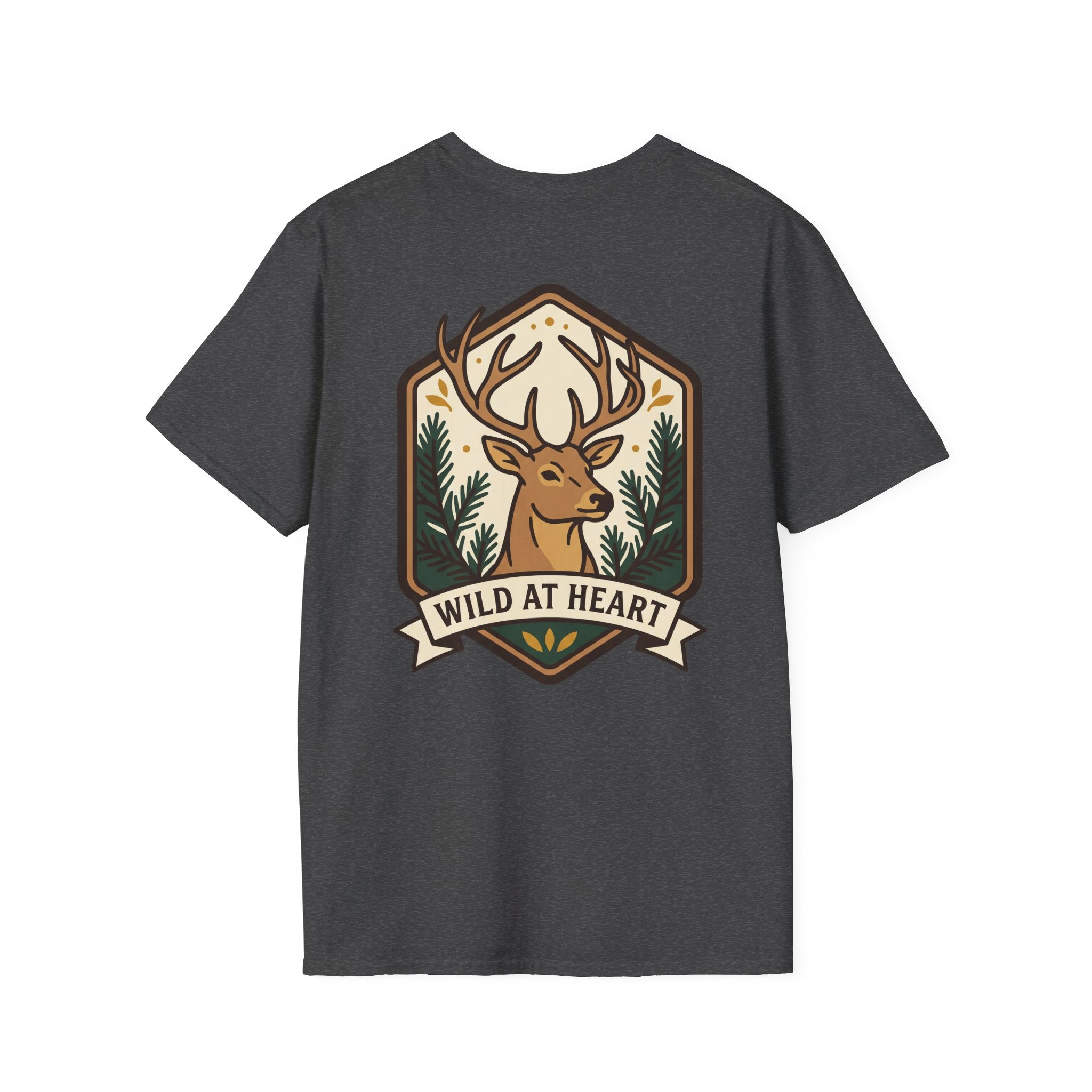 Dark gray deer graphic T-shirt with badge stag antlers and Wild at Heart text