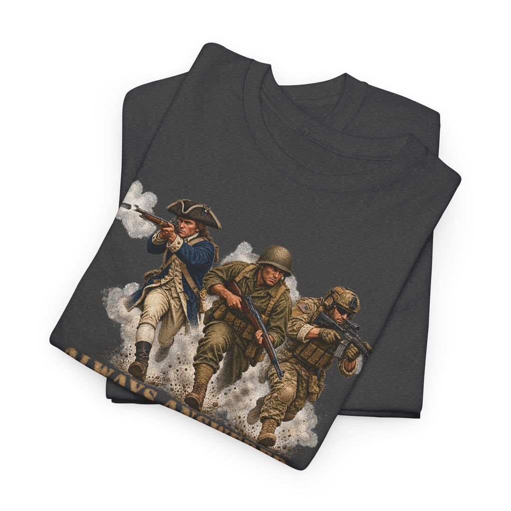 Dark heather crewneck T-shirt with patriotic soldier graphic print on front