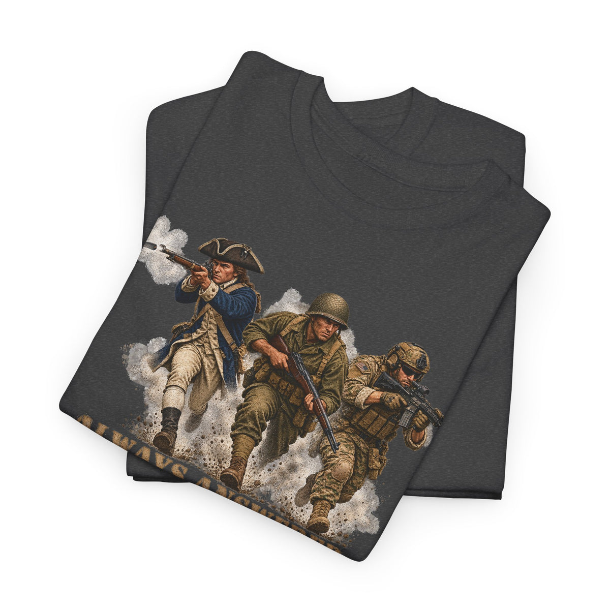 Dark heather crewneck T-shirt with patriotic soldier graphic print on front