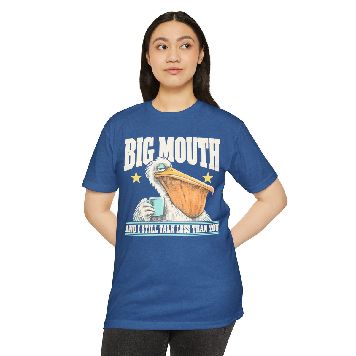 Women's blue graphic T-shirt with pelican coffee cup and star text print