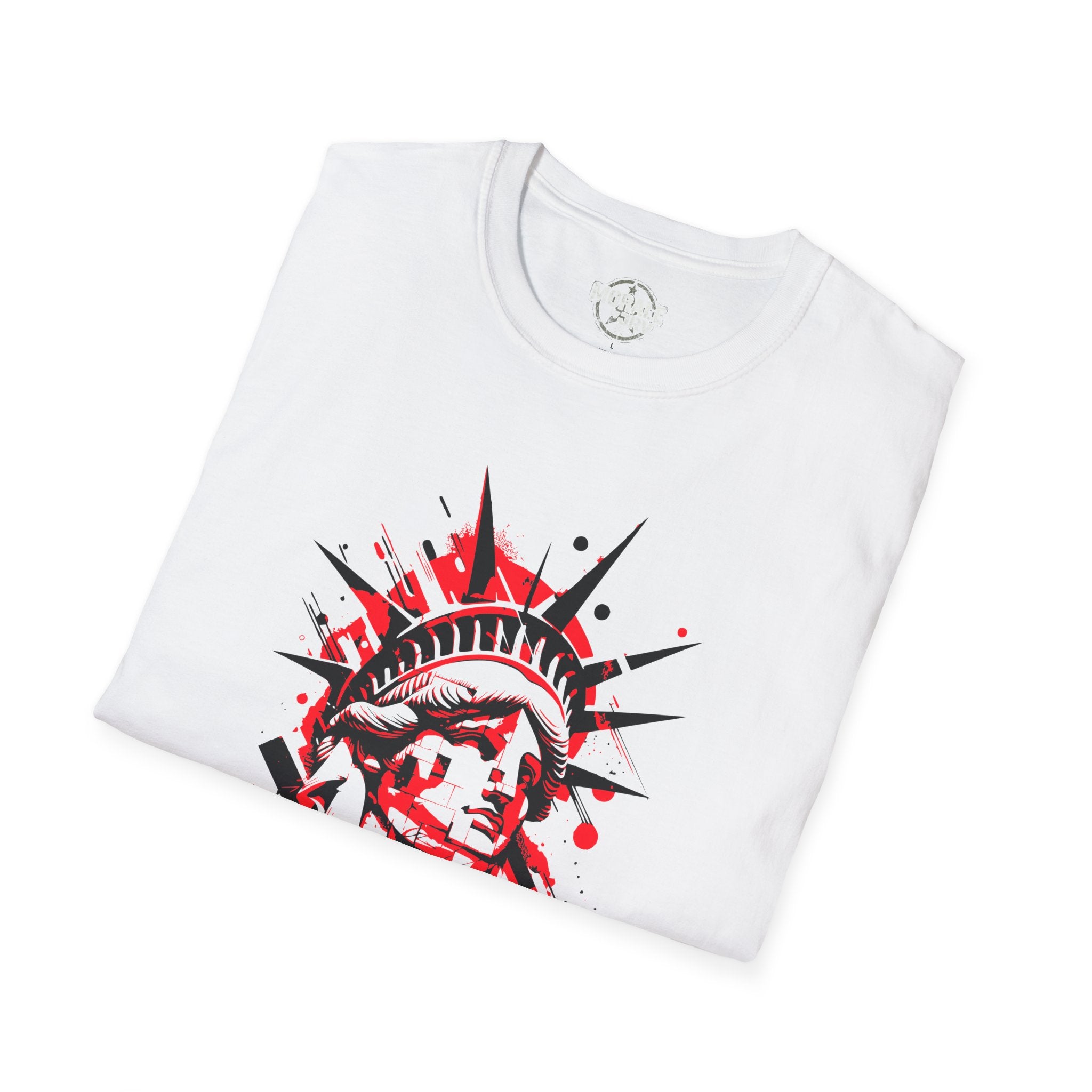 Liberty Statue graphic tee, weiß: Statue-Illustration mit rotem Farbspritzprint