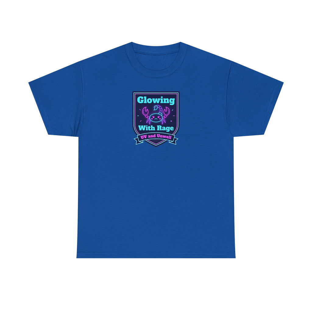 Royal blue crewneck tee with glowing neon shield graphic centered on chest