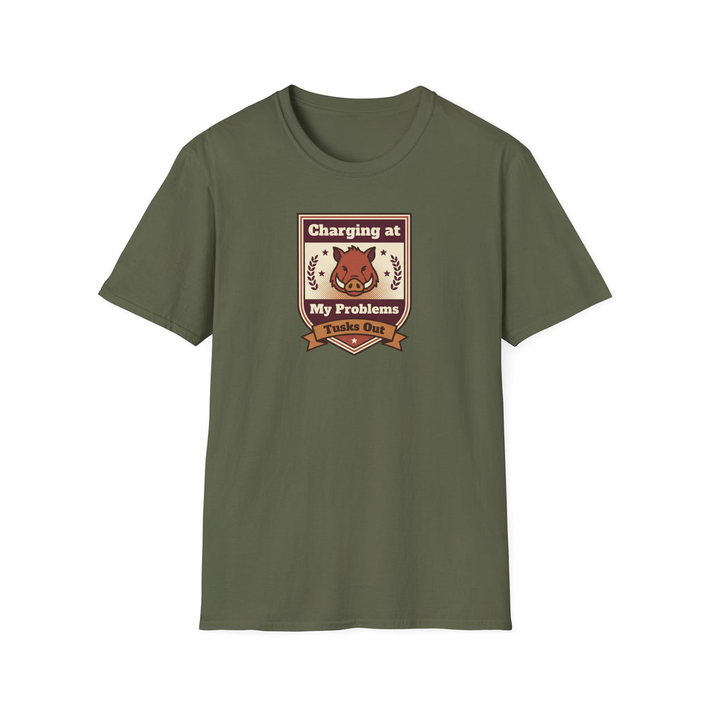 Olive green crew-neck T-shirt with boar graphic crest on the chest.