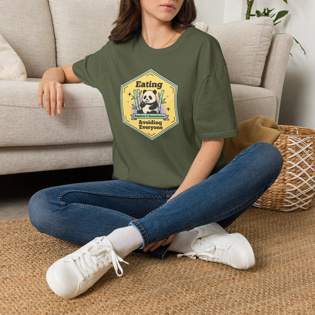 Unisex softstyle T-shirt, military green, front cartoon text graphic