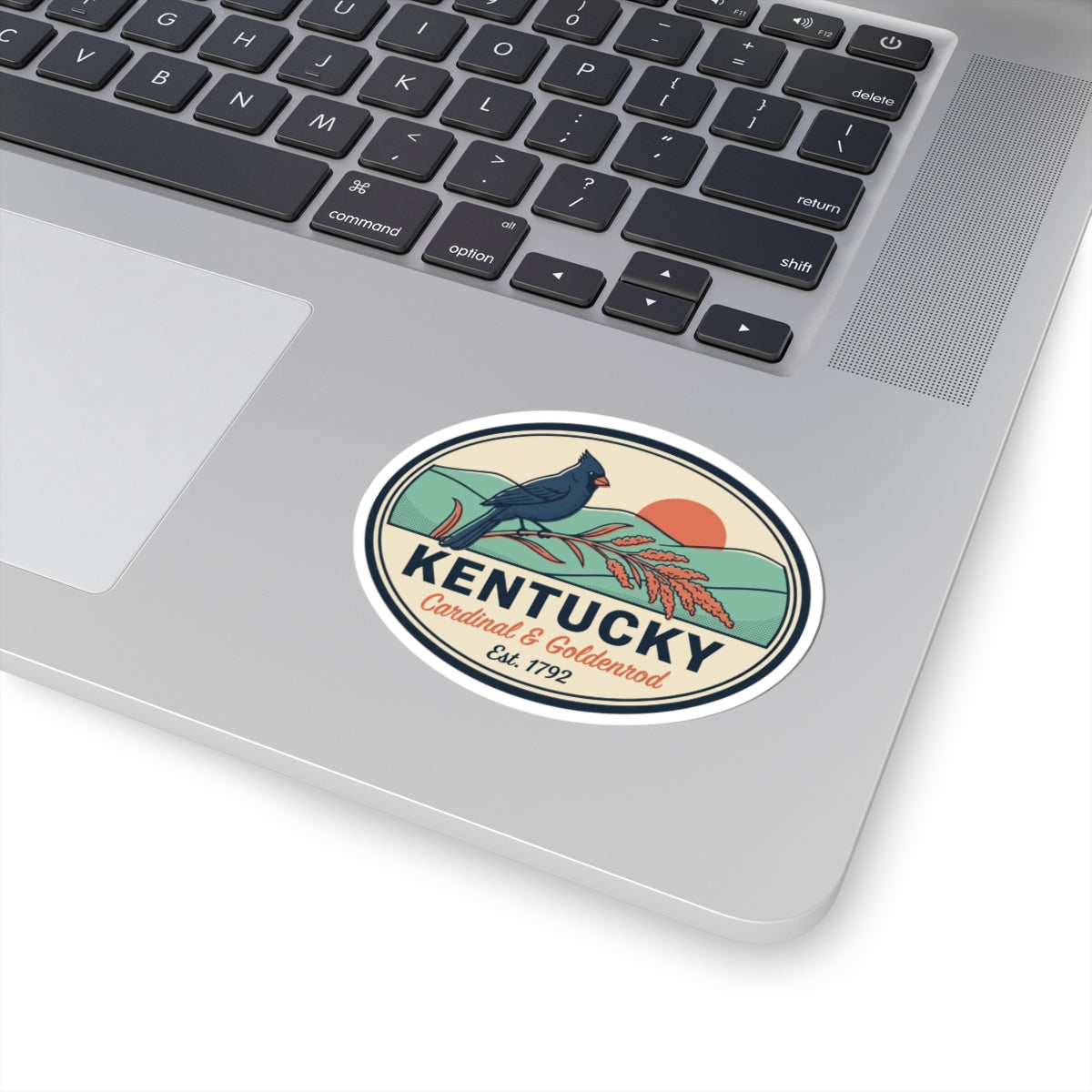 Round vinyl sticker badge with blue cardinal on goldenrod, Kentucky text, Est. 1792.